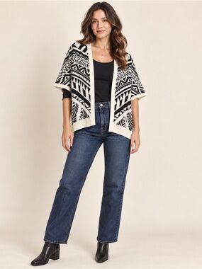 Jealous Tomato Black Cream Geometric Kimono Cardigan S/M Boho Open Front Sweater